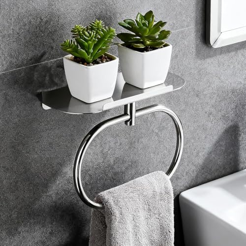 Image of Bathroom Towel Ring with Shelf, 304 Stainless Steel Towel Holder for Bathroom Wall Mount, Self Adhesive or Drill Installation, Rustproof Hand Towel Ring (Chrome)