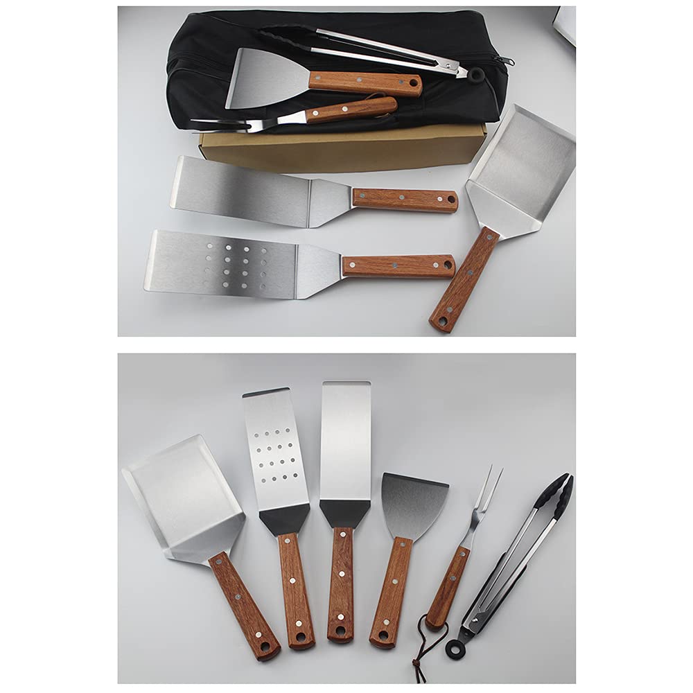Set di 7 strumenti per grigliate per barbecue per impieghi gravosi, spatola in acciaio inossidabile, forchetta, pennello per imbastire e pinze, kit di strumenti per griglia per barbecue - Set di utens
