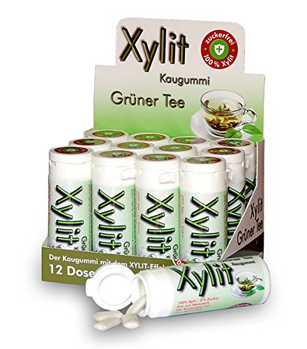 XYLIT KAUGUMMI GRÜNER TEE | 360 Stk | Tschüß Karies: reduziert Plaque & Säure | unterstützt Erhaltung Zahnschmelz | 100% Xylit, ohne Aspartam, vegan | 12 Dosen