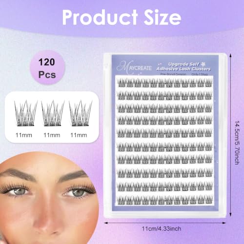 Image of MAYCREATE 120Pcs Self Adhesive Eyelashes, Clear Band 11mm Lash Clusters Kit, Natural Pre-Glued Eyelash Cluster, Invisible Band Reusable Eye Lashes with Tweezers