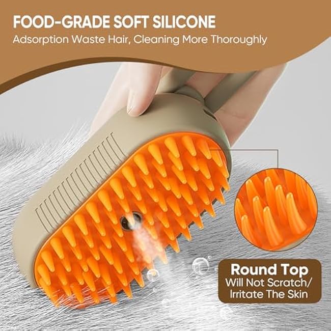 4 in 1 Cat Steam Brush for shedding ¨C Self-Cleaning Comb for Long and Short Hair Cats and Dogs, Steam Pet Brush for Hair Removal, Vibrating Message, Grooming & Relaxation (Khaki)-36pLPLPk