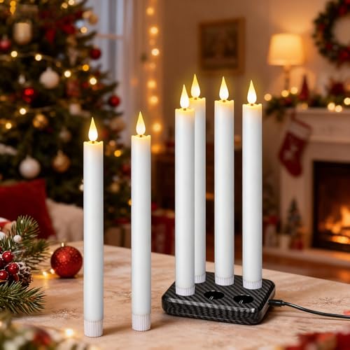 Image of GenSwin Rechargeable Flameless Taper Candles with Charging Base, 6 Pack White LED Taper Candles Battery Operated with 2 Remote Timer, Real Wax Flameless Candlesticks for Holiday Christmas Home Decor