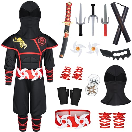 Ninjia Costume for Boys & Girls - Kids Muscle Ninja Costume Suit with Deluxe Ninja Toys for Halloween Cospaly Role Playing (Black) 8-10 Years