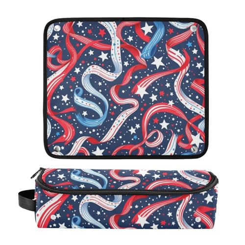 Estuche de viaje 2 en 1 para rizador con almohadilla resistente al calor y doble capa para planchas, rizadores, secador de cabello, patrón de cintas patrióticas y confeti portátil miniatura 3