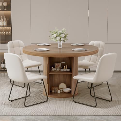 Image of 5-Piece Dining Set for Small Spaces 43.3 inch Round Table & 4 PU Leather Chairs, Modern Farmhouse with Storage Shelf, Apartment Kitchen Easy Assembly (Walnut Color Round Table + 4 U-Shaped White Chairs)