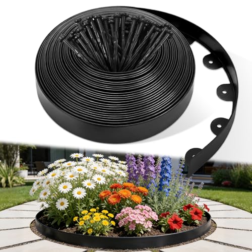JUOIFIP Bordure Jardin Plastique 20 mètres, Bordure de Jardin Flexible 5 cm avec 120 Piquets, Bordure de Pelouse Noire pour Gazon, Massifs, Allées, Bordure...