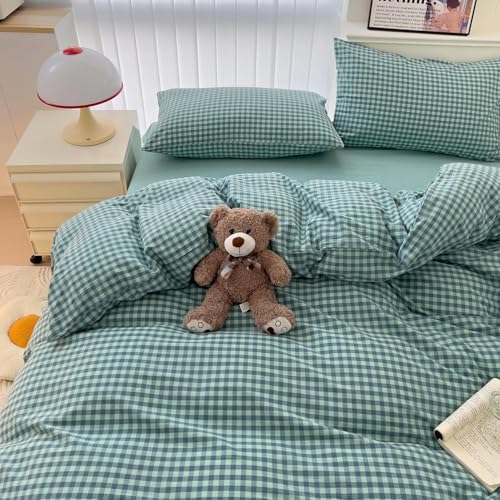 Image of LifeTB Green Gingham Comforter Set Full Size Geometric Plaid Checkered Pattern Comforter Green Grid Plaid Printed Bedding Comforter Set with 2 Pillowcases Fluffy Soft Gingham Bedding Set Breathable