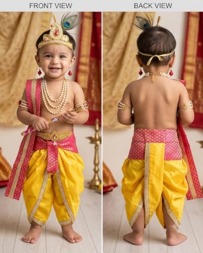 Image of Krishna Dress for Baby Boy Kids Janmashtami Costume | Dhoti & Patka Included, Mukut & Morpankh, Bansuri & Kamarband, Bajuband & Kundal, 8-Piece Set