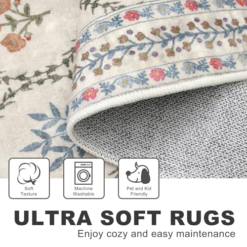 KILOCOCO 2x6 Runner Rug, Moroccan Super Soft Washable Hallway Entryway Runner Rug, Accent Print Faux Wool Kitchen Runner Rug 6 Feet Non-Slip Boho Rug Runner for Laundry Room Bedroom, Ivory