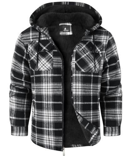 Image of ZITY Men's Flannel Hooded Jacket Fleece Sherpa Lined Plaid Shirts Jackets Zip Up Sweatshirt Hoodies for Men with 4 Pockets
