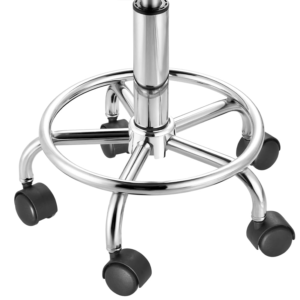 BAKAJI Taburete con ruedas redondas, asiento de piel sintética y base de acero giratorio de 360°, altura ajustable, acolchado con grosor de 10 cm, ideal para casa, esteticista, estudio médico (negro)