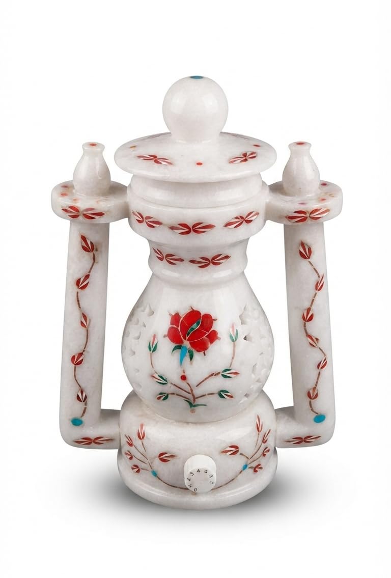 Luxury Marble Inlay Jali Lantern Light Lamp 10 Inch | Handmade White Marble Decorative Table Lamp for Living Room, Bedroom, Home Decor | Kajal Handicraft-image-47