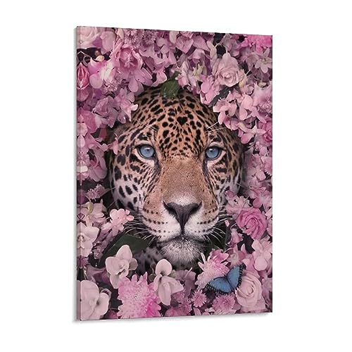 絵画 ピンクの花に囲まれた青い目のヒョウインテリア 絵画 面白い動物のシーン 野生動物の肖像画アートパネル 壁の絵 ポスター 壁掛け ソファの背景絵画 玄関 壁飾り 絵画 木枠付きの完成品 45x60cm