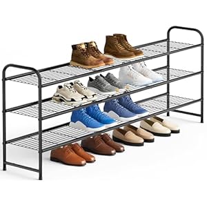 KEETDY 3-Tier Long Shoe Rack for Closet Metal Shoe Organizer for Entryway, Wide Stackable Shoe Storage Shelf with Sturdy Wire Grid for Closet Floor, Bedroom, Black