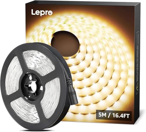 LE Ruban LED Blanc Chaud 5m, Bande LED Autocollant 300 LEDs SMD 2835 3000K, Bande LED Lumineuse 18W 1200lm pour Chambre, Plafond, Vitrine(12V Adaptateur Secteur Non Inclus)