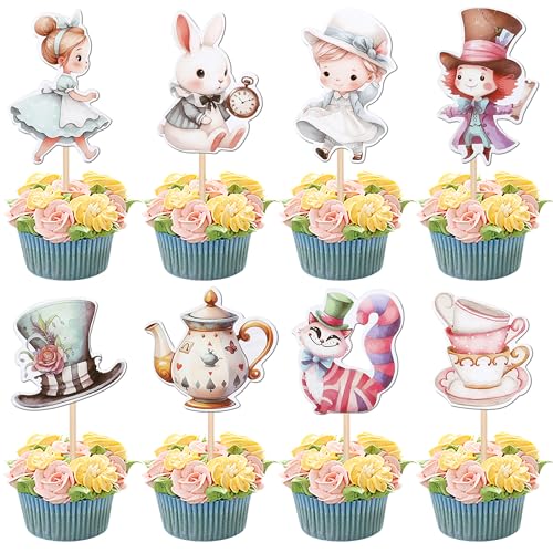 Xsstarmi Lot de 40 décorations pour cupcakes Alice au pays des merveilles - Chat souriant magique - Lièvre de mars - Chapelier fou - Décorations de gâteaux...