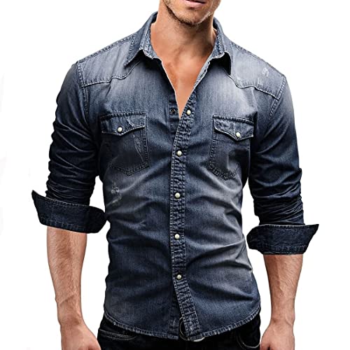 Kinkia Men's Long Sleeve Denim Shirt Casual Snap Button Down Slim Fit Ripped Shirt Jacket2
