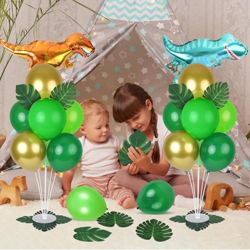 Image of 6 Sets Jungle Safari Balloon Stand Kit for Table Gold Green Balloons Dinosaur Party Tables Centerpiece with Palm Leaves for Animal Wild One Birthday Baby Shower St Patricks Day Party Supplies