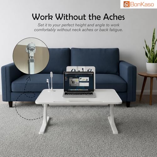 Image of BonKaso Adjustable Laptop Table for Bed (60x40 cm) | Foldable Lap Desk with Book Holder & Mobile Stand | Engineered Wood Portable Study Table for Work from Home, Reading & Study (White)