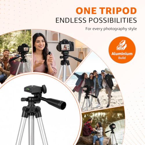Image of Amazon Basics 55 Inch Aluminum Tripod Stand, Lightweight Adjustable with Phone Holder, 3-Way Pan Head, Bubble Level, Carry Bag, Compatible with Smartphones, GoPro, DSLR Cameras (5kg Load Capacity)