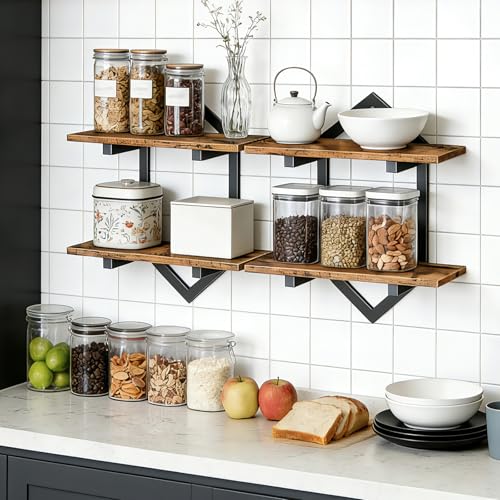 Image of HOOBRO Floating Shelves, 15 Inch Wall Shelf Set of 2, Wall Mounted Storage Shelves 2-Tier, Hanging Bathroom Shelves, for Living Room, Bedroom, Bathroom, Kitchen, Rustic Brown and Black BF13BJP201