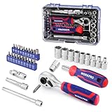 WORKPRO 34 PCS 1/4' Drive Mini Socket Ratchet Wrench Set, Screwdriver Bit Set, Dual Socket & Bit Head Ratchet, Magnetic Driver, Metric Sockets 4-12mm, Extension Bars & Universal Joint, Storage Case
