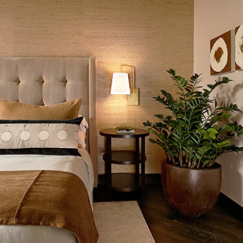 Image of Plug-in Wall Sconces Set of Two Swing Arm with Gold Fabric Shade