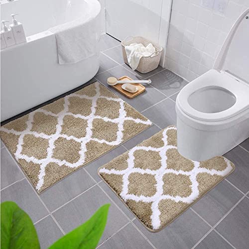 Homaxy rutschfest Badematten Set 2 teilig Weich Hochflor Bad WC Teppich Set Mikrofaser Badvorleger Set 2teilig -Beige