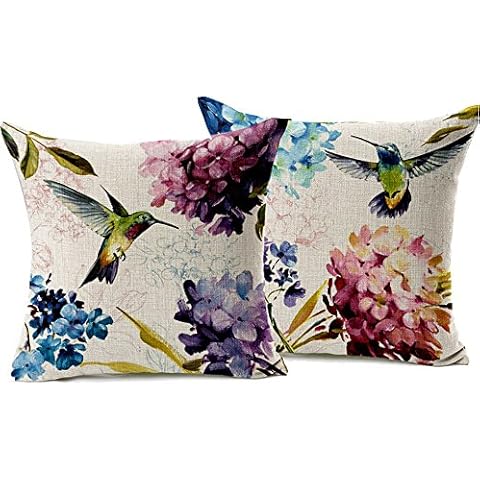 WOMHOPE® 2 Pcs - 18" Vintage Tree and Flower Birds Printing Cotton Linen Throw Covers Throw Covers Square Throw Pillow Covers Cushion Cover Pillowcase (Hummingbird All (Set of 2)) Cover