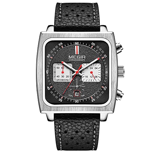Megir Casual Quartz Watches For Men Leather Strap Waterproof Luminous Chronograph Wristwatch With Date 24-Hour Indicator Silver Black 2182 #TOP8