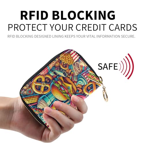 GAIGEO Vintage Carnival Junk Food Womens Wallets Leather Credit Card Protector RFID Blocking Zip Around Zipper Change Purse with Key Ring2