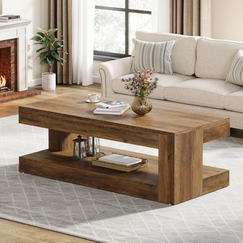 Image of Tribesigns Coffee Table for Living Room, 47.24 Inch Farmhouse 2-Tier Accent Center Tea Cocktail Table with Storage, Brown, Rectangle