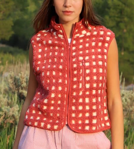 Colorful world Womens Checkered Sherpa Vest Fleece Jacket Lightweight Zip Up Sleeveless Crochet Plaid Gilet with Pocket4
