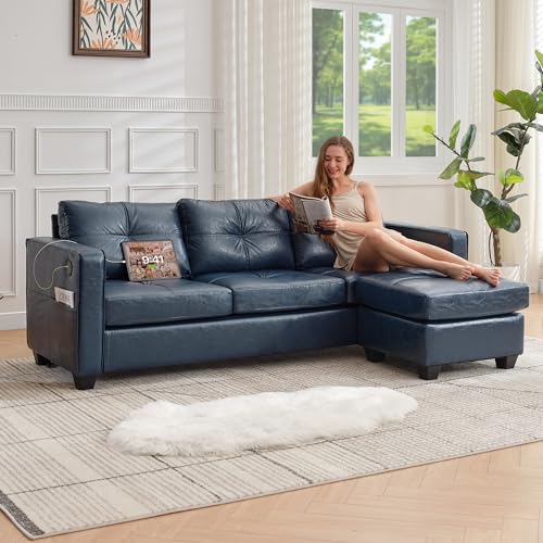 TYBOATLE Blue Faux Leather Sofa Couch Sectional Couches for Living