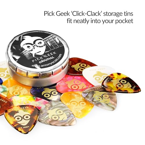 Pick Geek Guitar Picks - 16 Cool Custom Guitar Picks For Your Electric, Acoustic, or Bass Guitar - X-Heavy, Heavy, Medium & Light - Presented in a Luxury Metal Pocket Box