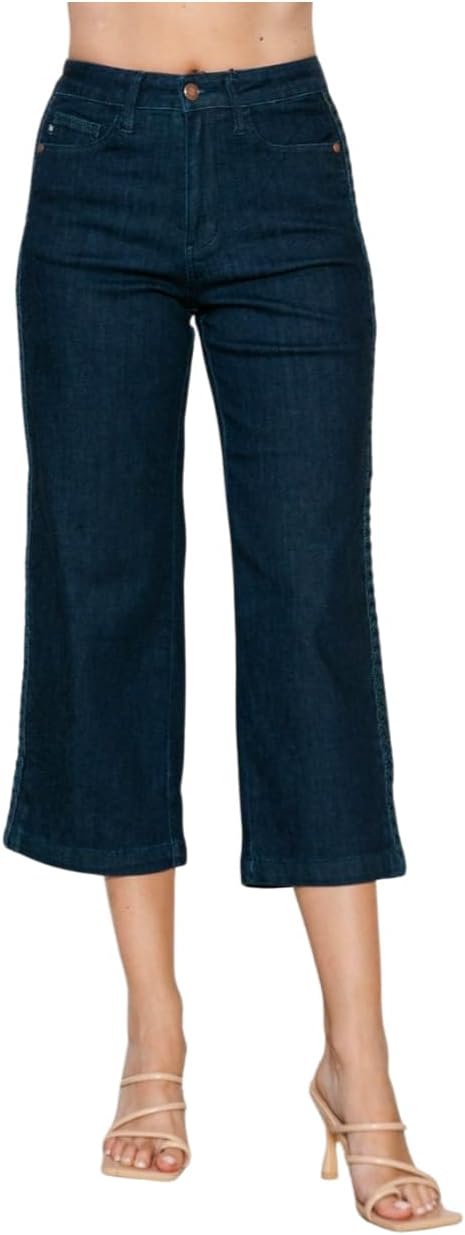 Judy Blue Side Seam Braid Detail Crop Wide Leg Jeans- Ivory Gem