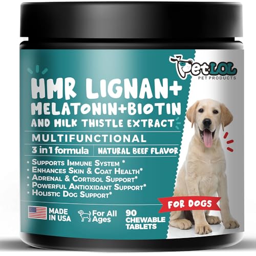 PET LOL HMR Lignan + Melatonin + Biotin + Milk Thistle for Dogs | 4-in-1 Formula | Adrenal Support & Normal Cortisol Levels | Skin Coat & Digestive Health | 90 Chewable Tablets | Natural Beef Flavor