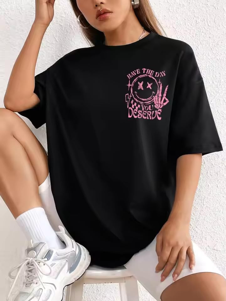 Image of Jawdrobe Cotton Blend Oversized Fit Half Sleeve Printed Round Neck T-Shirt for Women | Aesthetic Summer Wear