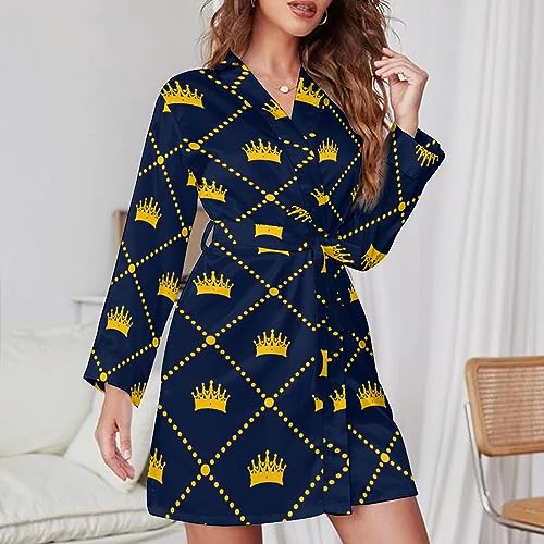 Navy Blue Pattern Yellow Crown Bathrobe for Women Soft Lightweight Knee Length Loungewear Spa Bathrobe Long Sleeved Nightgown M - Image 5