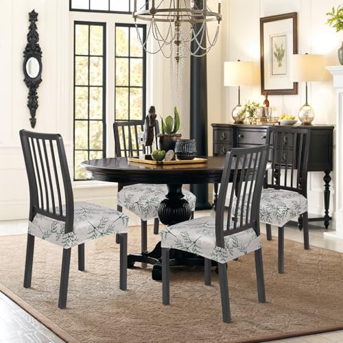 Image of SearchI Stretch Dining Chair Seat Covers Set of 4, Soft Removable Washable Seat Covers for Dining Chairs, Dining Room Seat Cover Protector (Rear-Covered, Fern Leaves)