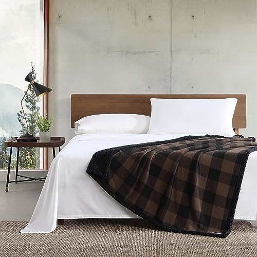 Image of Eddie Bauer - Throw Blanket, Yarn Dyed Cotton Bedding with Solid Ultra-Soft Sherpa Reverse, Throw Blanket for Couch & Bed (Cabin Plaid Brown, 50 inch x 60 inch)