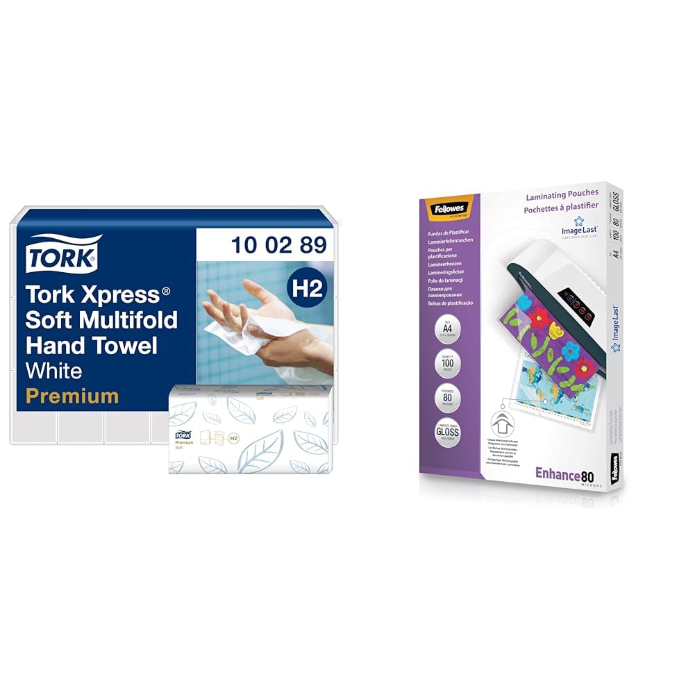 Tork Xpress weiche Multifold Papierhandtücher 100289 & Fellowes Laminierfolien A4 ImageLast, 80 Mikron, 100 Stück, transparent mit Ausrichtungshilfe