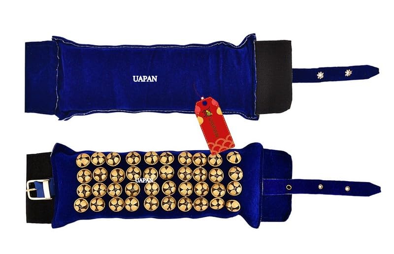 Image of UAPAN 4 line Ankle Bells velvet with velcro Pad for Classical Bharatanatyam Kathak Dance with Adjustable Strap (Blue, belt)