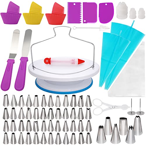 NANAKKI 106Pcs Cake Decorating Kit, Baking Supplies with Cake Turntable & Leveler, Piping Bags and Tips Set, Muffin Cup Mold, Icing Scrapers (Purple)