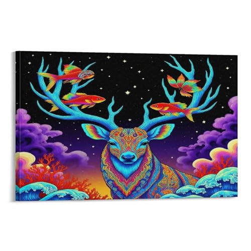 Peinture toile cerf arc-en-ciel déco murale chambre faon mignon 40x60