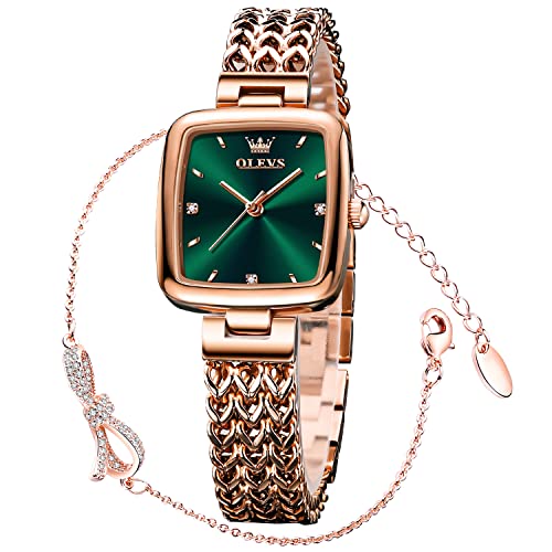 Olevs Womens Rose Gold Square Candy Watch Green Fashion Dress Diamond Female Watches For Ladies Analog Quartz Stainless Steel Simple Waterproof Wristwatch #TOP1