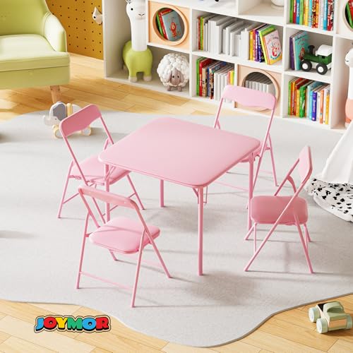 Image of JOYMOR Kids Folding Table and Chairs Set, 5-Piece Metal Frame Activity Set with Easy-Fold Design for Playroom & Classroom (Pink)