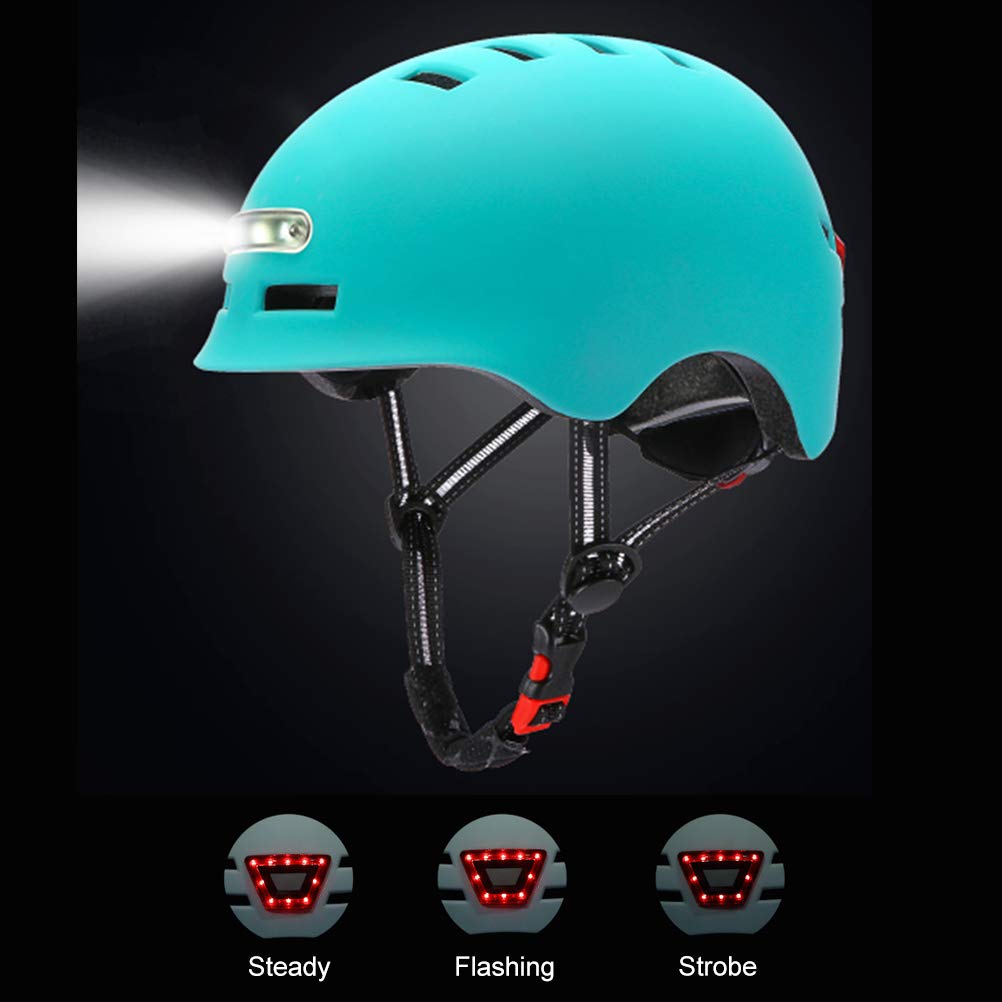 POENVFPO LED-Licht-Fahrradhelm, Integrierte PC-Schale, Sicherheitsscheinwerfer und Rücklicht Zum Radfahren und Skaten, Verstellbare Größe für Erwachsene und (Blue #41)
