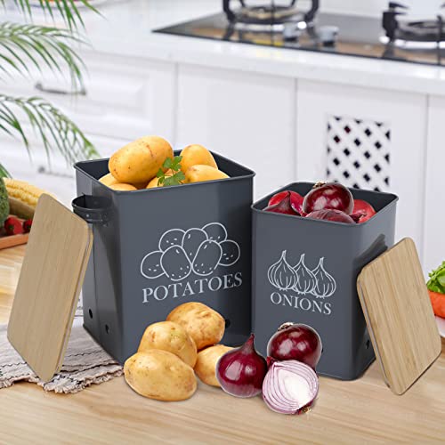 Image of Potato Onion Storage Bin, Kitchen Storage Canister Set of 2, Kitchen Pantry Organizer Tin - Vegetable Fresh Keeper with Aerating Tin Storage Holes & Wooden Lid (Gray)