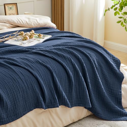 Image of EMME Muslin Blankets for Adults Throw Blanket for Couch Breathable Gauze Soft Lightweight Airy Navy Super King 120 inch x 94 inch